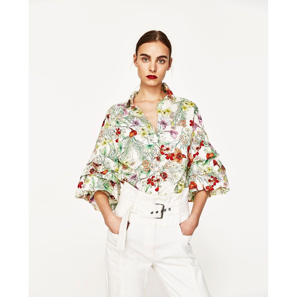 Zara Woman Floral Print Ruffle Tiered Sleeve Cotton Blouse White Multicolor S